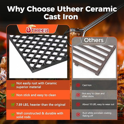 Utheer Ceramic-Coated Cast Iron Grill Grate for Weber Genesis 300 & 400 Series (2025+ Models), 16.14” × 16.14” Square Cooking Grate | Heavy-Duty Nonstick BBQ Grill Replacement