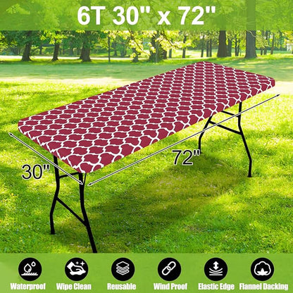Smiry Picnic Fitted Table Cover, 6 Foot Flannel Backed Vinyl Tablecloth | Waterproof Elastic Stretch Table Cloth, Wipeable Plastic Tablecloth for Camping, Indoor & Outdoor (Wine Red, 30" x 72")