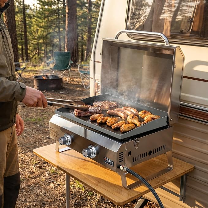 ONLYFIRE GRILLS Tabletop Gas Griddle with Foldable Legs, 2-Burner BBQ Propane Flat Top Griddle, Portable Gas Stove for Outdoor Cooking Patio Party Camping Tailgating RV, Stainless Steel, GS318
