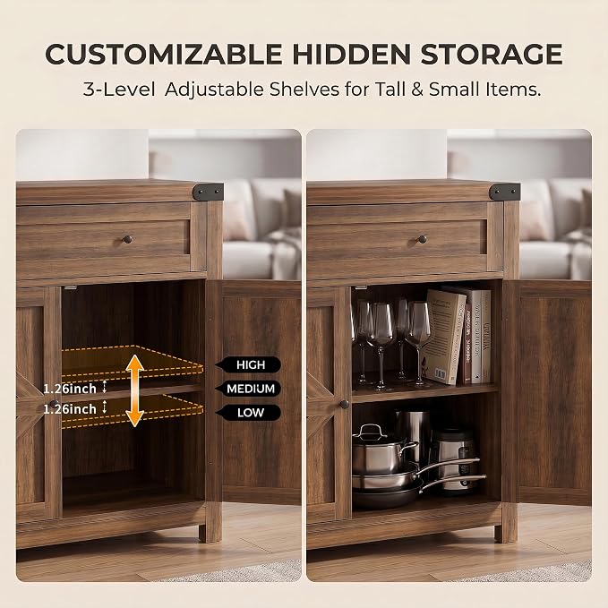 YESHOMY Kitchen Storage Coffee Bar Accent Cabinet, Brown&Rustic, 1PCS | Farmhouse Sideboard Buffet Cabinet, Large Drawer and Adjustable Shelf, Barn Door Accent Cabinet for Dining Room, Entryway
