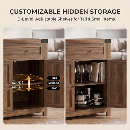 YESHOMY Kitchen Storage Coffee Bar Accent Cabinet, Brown&Rustic, 1PCS | Farmhouse Sideboard Buffet Cabinet, Large Drawer and Adjustable Shelf, Barn Door Accent Cabinet for Dining Room, Entryway