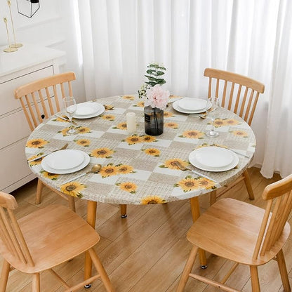 LIBERECOO Round Vinyl Fitted Tablecloth with Flannel Backing Elastic Edge Table Cover Waterproof Stain-Resistant Wipeable Tablecloths Fits 40-44" Round Tables