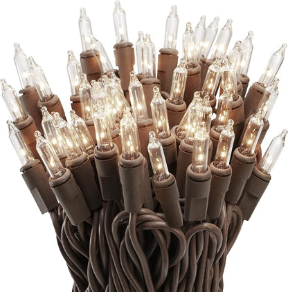 612 Vermont 50 Clear Incandescent Christmas String Lights Brown Wire Cord | UL Approved Indoor Outdoor Use, 10' Lighted Length, 11' Total Length, Mini Lights, Connect Up To 10 Sets End To End