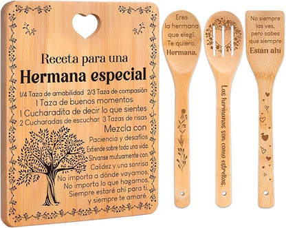 Regalos de cumpleaños para Hermana - "Receta para una Hermana especial". Juego de tablas de cortar y utensilios de bambú grabados. Regalos de cumpleaños para Hermana. Spanish Sister Cutting Board