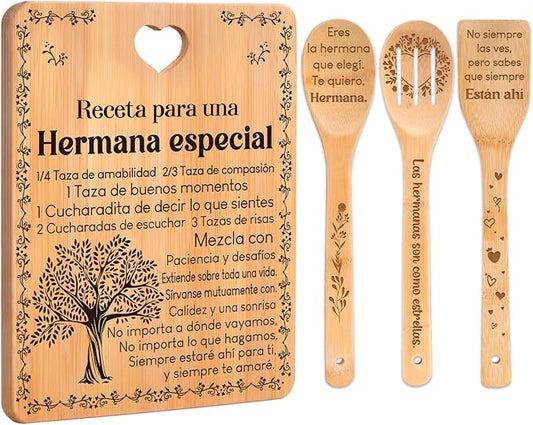 Regalos de cumpleaños para Hermana - "Receta para una Hermana especial". Juego de tablas de cortar y utensilios de bambú grabados. Regalos de cumpleaños para Hermana. Spanish Sister Cutting Board