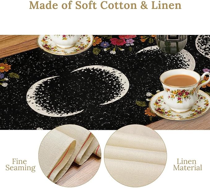 Boho Moonlit Garden Flower Table Runner,Moon Phase Floral Long Table Runner Cover for Wedding Kitchen Party Holiday Dining Home Everyday 13x60 Inch