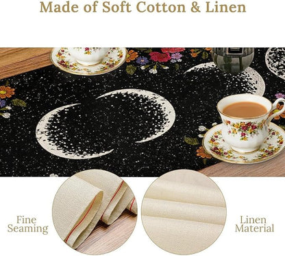 Boho Moonlit Garden Flower Table Runner,Moon Phase Floral Long Table Runner Cover for Wedding Kitchen Party Holiday Dining Home Everyday 13x60 Inch