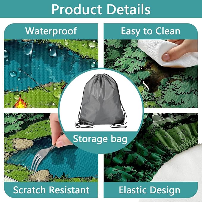 Picnic Table Cover with Bench Covers Elastic Edges, Green Forest Camping Scene Table Cover, Waterproof Windproof Fitted, for Outdoor Camping Patio Garden RV Trips, Drawstring Bag, 96 Inch 3PCS