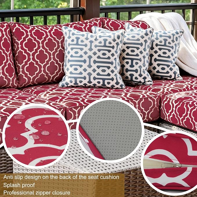 14 Piece Outdoor Patio Cushion Cover Replacement, Waterproof Patio Cushion Covers, Outdoor Furniture Cushion Covers Set for 6 Seat Wicker Rattan Sofa (Red Grid)