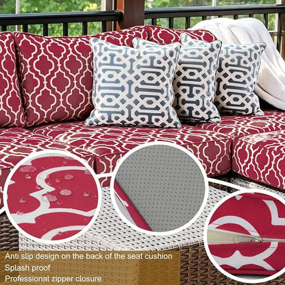 14 Piece Outdoor Patio Cushion Cover Replacement, Waterproof Patio Cushion Covers, Outdoor Furniture Cushion Covers Set for 6 Seat Wicker Rattan Sofa (Red Grid)