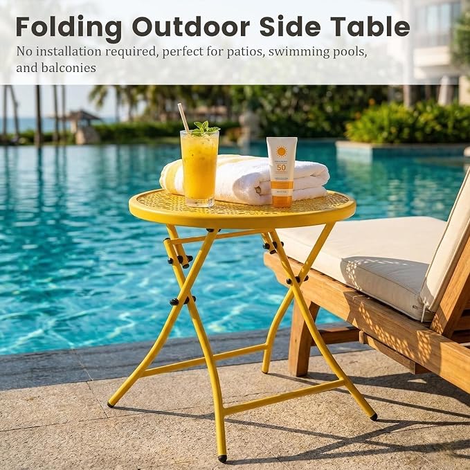 TeoKJ Folding Outdoor Side Table, Small Patio Table with Flower Cutouts | Metal Round Anti Rust Patio Desk, No Assembly Small Nightstand for Yard, Balcony, Lawn, Pool, Lightweight, Yellow