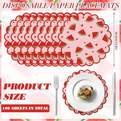 100 Pcs Watermelon Paper Placemats Orange Fruit Place Mats 13.5 Inch Disposable Round Decorative Dining Table Mat with Scalloped Edge for Summer Picnic BBQ Birthday Bridal Wedding Party Supplies