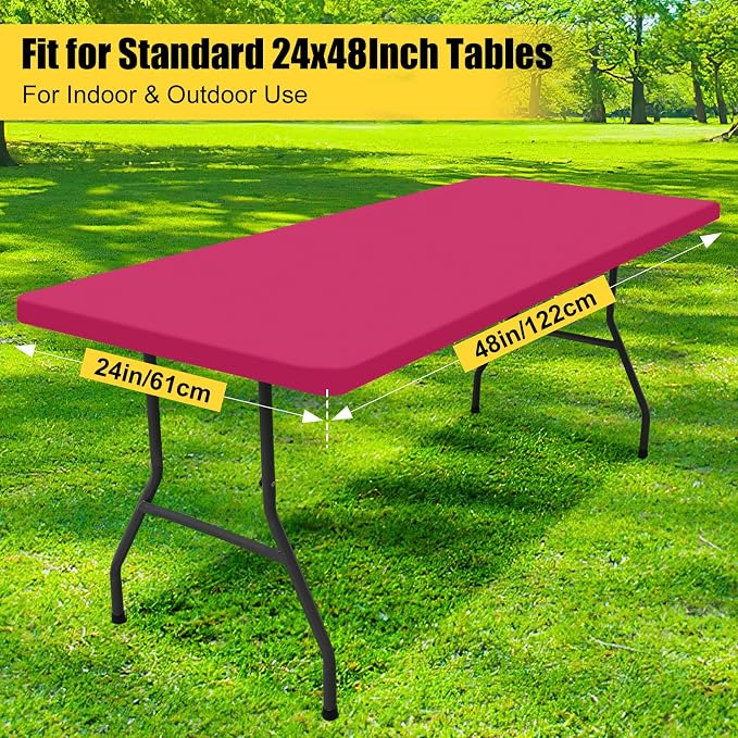 Smiry Rectangle Picnic Table Cloth, Waterproof Elastic Fitted Tablecloths for 4 Foot Tables, Washable Polyester Table Cover for Camping, Indoor and Outdoor (Fuchsia, 24"x48")