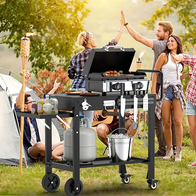 Portable Grill Table for Blackstone Griddle, Outdoor Grill Cart with Wheels, Griddle Stand Fit 17 Inch 22 Inch Ninja Griddle, Folding Table with Caddy for Outside Patio, Kitchen Cooking Prep Table