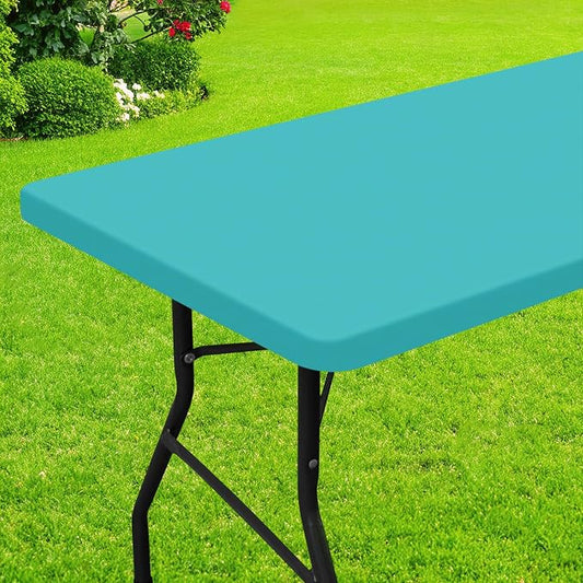 Smiry Rectangle Picnic Table Cloth, Waterproof Elastic Fitted Tablecloths for 8 Foot Tables, Washable Polyester Table Cover for Camping, Indoor and Outdoor (Turquoise, 30"x96")