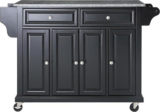 Crosley Furniture Full Size Granite Top Rolling Kitchen Island Storage Cart, Microwave Stand, Spice Rack, Black