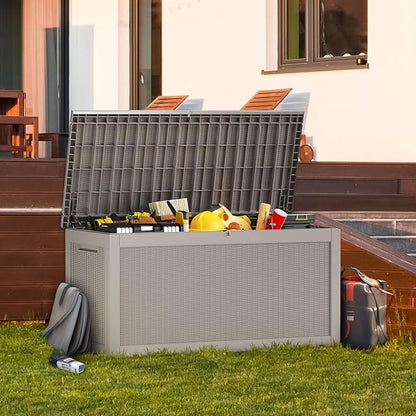 267 Gallon Deck Box Large Outdoor Storage Box Waterproof for Patio Furniture,Outdoor Cushions,Garden Tools and Pool Supplies,Weatherproof(Grey,267Gallon)