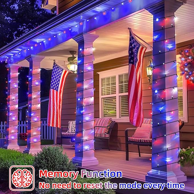 YEGUO 500 LED Red White and Blue String Lights Outdoor 4th of July Decorations - 165ft Patriotic Lights Plug in with 8 Modes for Memorial Independence Day Decor