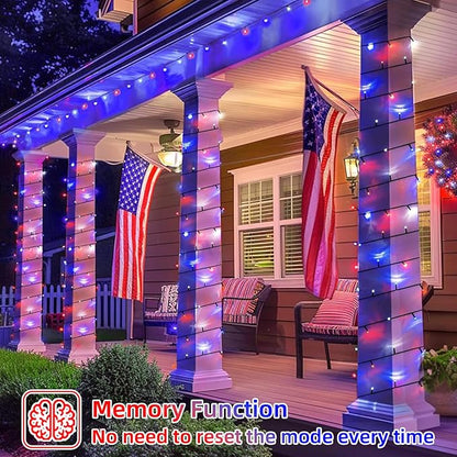 YEGUO 500 LED Red White and Blue String Lights Outdoor 4th of July Decorations - 165ft Patriotic Lights Plug in with 8 Modes for Memorial Independence Day Decor