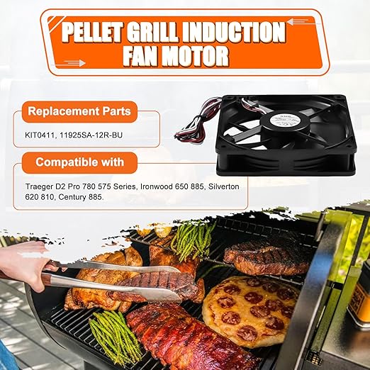KIT0411 Pellet Grill Induction Fan Motor for Traeger D2 Pro 780 575, Ironwood 650 885, Silverton 620 810, Century 885, Oven Circulation Fan Replacement Part 11925SA-12R-BU, 0.86A 12V DC