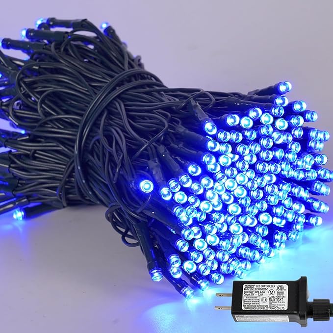 YEGUO 66ft 200 LED Blue String Lights Outdoor Waterproof, Green Wire Christmas Lights Indoor, 8 Modes Twinkle Tree Lights Plug in with Memory Timer