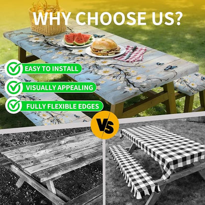 Picnic Table Cover with Bench Covers, 72 X 30 Inch Elastic Fitted Camping Tablecloth with Strap Design for 6FT Rectangle Tables, Windproof Outdoor Tablecloth Set with Storage Bag