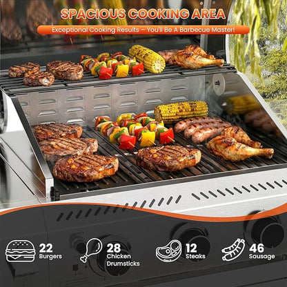 Premium 3-Burner Propane Gas Grill with Side Burner | 34,000 BTU Stainless Steel Outdoor BBQ Grill with Thermometer & Casters for Patio, Camping, Backyard Parties