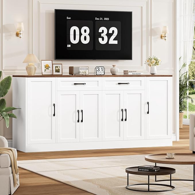 71” Large Buffet Cabinet, Sideboard with Adjustable Shelves | 6 Soft-Close Doors, Sideboard Wood Coffee Bar Console Table for Kitchen, Dining Room (White)