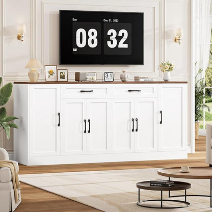 71” Large Buffet Cabinet, Sideboard with Adjustable Shelves | 6 Soft-Close Doors, Sideboard Wood Coffee Bar Console Table for Kitchen, Dining Room (White)