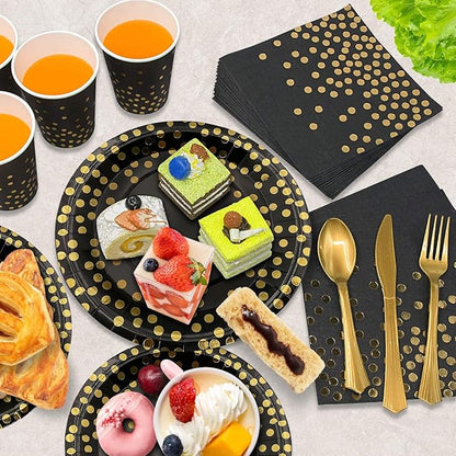 AIRE 175PCS Black and Gold Paper Plates Party Supplies for 25 Guests Disposable Party Decorations Dinnerware Golden Dot Black Paper Plates Napkins Cups Gold Plastic Forks Knives Spoons for Mothers Day