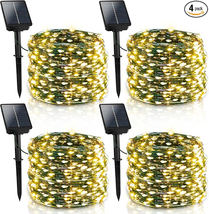 4 Pack Solar Fairy Lights Outdoor 131ft for Garden with 8 Modes(Warm White) | 400 LED Solar String Lights Outdoor Waterproof, Green Wire Twinkle Lights for Outside Christmas Party Decorations