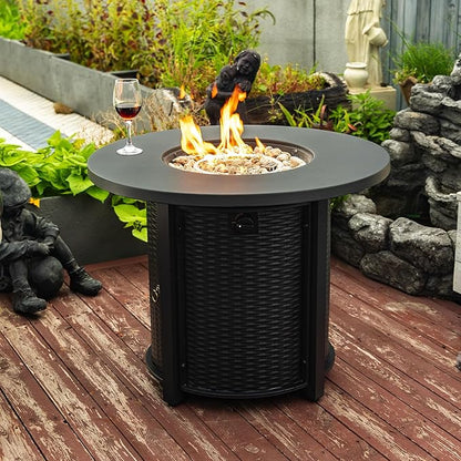 KEIKI 32 Inch Round Propane Fire Pit Table, Wicker Pattern Steel Outdoor Gas Fireplace, Patio Heater for Garden Deck