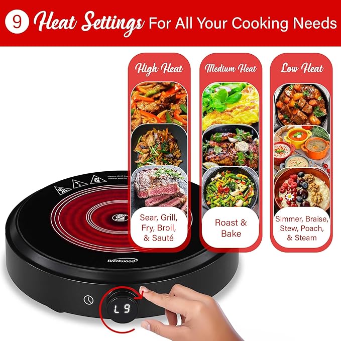 Brentwood Select 1500w 10-Inch Countertop Infrared Single Burner with Digital Touch Buttons, Knob, 9 Heat Settings, 99 Minute Timer, Black