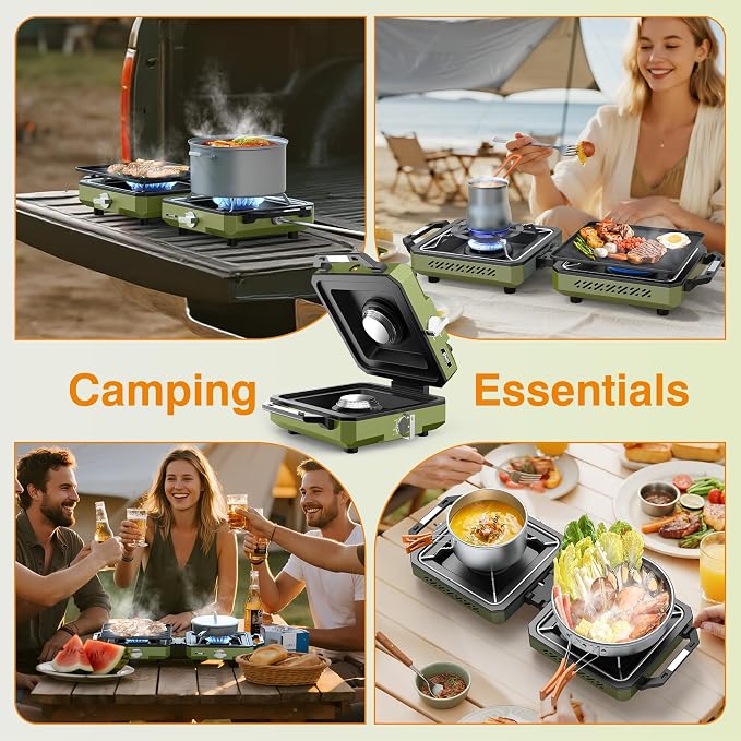 ODSD 2 Burner Camping Stove with Windshield, 20000 BTU Propane Camp Stove, Portable Folding Gas Stove, Camping Essentials Gear Includes Frying Pan, Coffee Stand & Carry Bag, Green