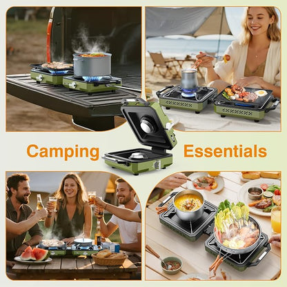 ODSD 2 Burner Camping Stove with Windshield, 20000 BTU Propane Camp Stove, Portable Folding Gas Stove, Camping Essentials Gear Includes Frying Pan, Coffee Stand & Carry Bag, Green