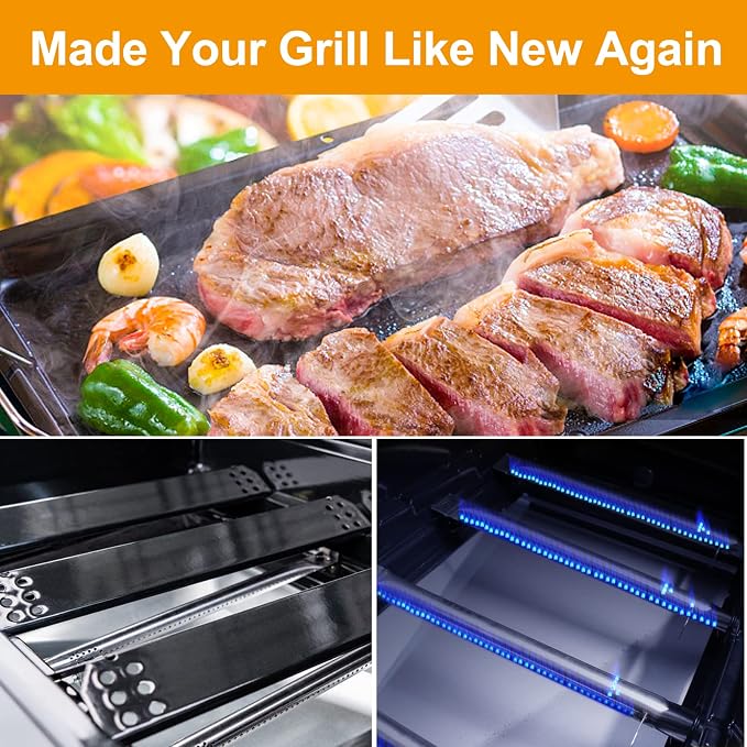 Hisencn Burner Tube and Heat Plate for Expert 5 Burner Grill 720-0968C | 5-pack stainless steel straight tube + porcelain heat tent shield replacement parts for expert grill 5 burner