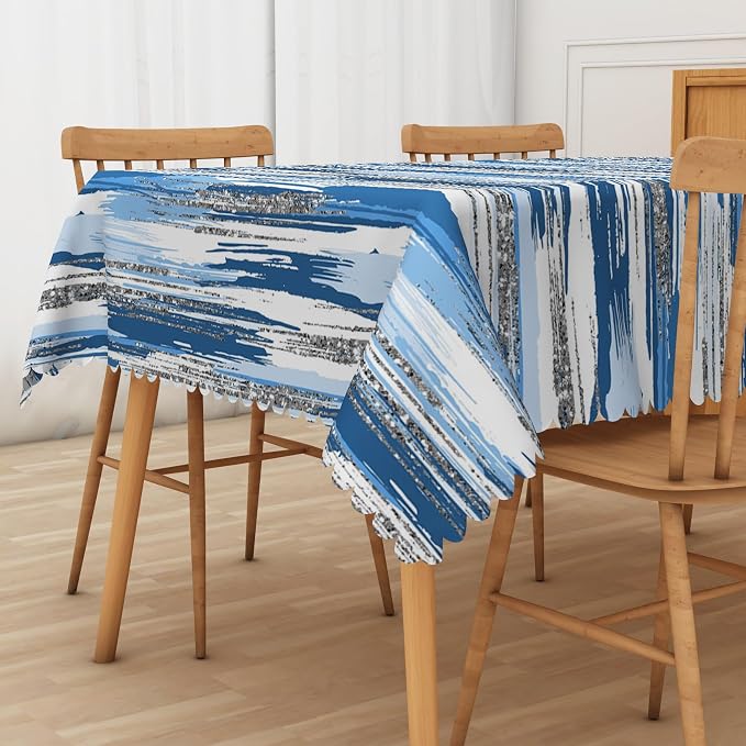 Abstract Striped Rectangle Tablecloth 60x120 Inch Blue and White Old Texture Grunge Stripes Vintage Mosaic Dust-Proof Table Cover Protector for Home Kitchen Restaurant Picnic Camping BBQ