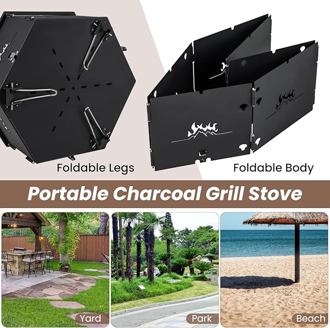 HAPPYGRILL Portable Charcoal Grill Stove, Outdoor Hibachi Grill Smoker w/ 360° Rotatable Grill, Foldable Body & Legs, Heavy-duty BBQ Grill w/Handles for Cooking & Heating
