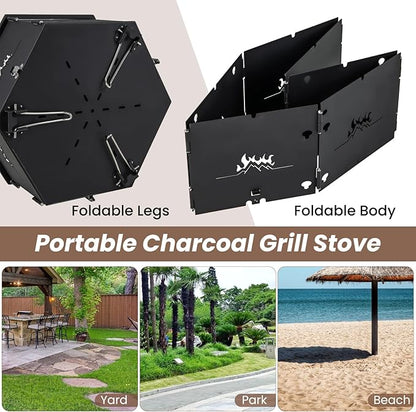 HAPPYGRILL Portable Charcoal Grill Stove, Outdoor Hibachi Grill Smoker w/ 360° Rotatable Grill, Foldable Body & Legs, Heavy-duty BBQ Grill w/Handles for Cooking & Heating
