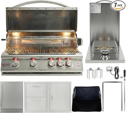 BLAZE BBQ Outdoor Package 11 of 40” LTE Built-in Natural Gas Grill, Single Side Burner, 32” Door & Two Drawers Combo, 24” Refrigerator, Grill Cover, Fridge Trim, Rotisserie Kit and Accessories