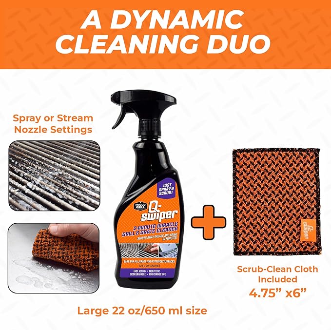 Proud Grill Company Q-Swiper 2-Minute Miracle Grill & Grate Cleaner with Scrub Clean Cloth - Father Day Gifts, Degreaser Spray for BBQ, Oven, Stove, Kitchen Tops & Surfaces, Grate & Grease Remover