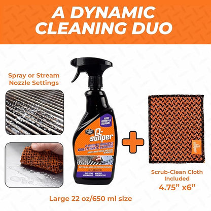 Proud Grill Company Q-Swiper 2-Minute Miracle Grill & Grate Cleaner with Scrub Clean Cloth - Father Day Gifts, Degreaser Spray for BBQ, Oven, Stove, Kitchen Tops & Surfaces, Grate & Grease Remover