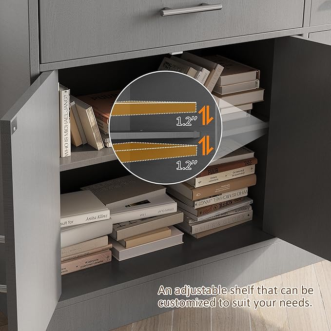 Vongrasig Sideboard Buffet Cabinet with Storage, 43” Farmhouse Coffee Bar Storage Cabinet with Drawers and Shelves, Modern Buffet Table for Kitchen, Dining Room, Grey