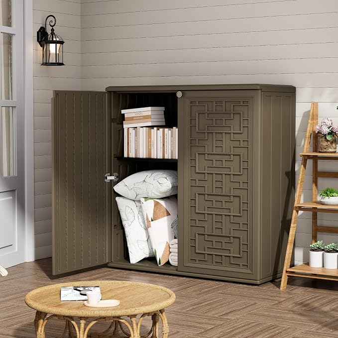 ZZM HDPE Outdoor Storage Shed, Outdoor Plastic Storage Cabinet, Horizontal Resin Tool Shed for Garden, All Weather Outdoor Storage Clearance, DIY Usage, with one Shelf (Coffee)
