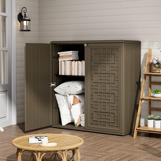 ZZM HDPE Outdoor Storage Shed, Outdoor Plastic Storage Cabinet, Horizontal Resin Tool Shed for Garden, All Weather Outdoor Storage Clearance, DIY Usage, with one Shelf (Coffee)