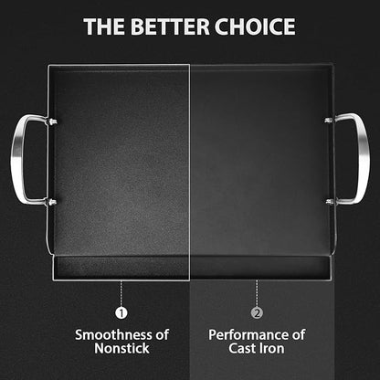 Utheer 17" x 13" Cast Iron Griddle for Gas Grill, Nonstick Coated Flat Top Grill Insert Rated Up to 500°F with Grease Groove and Removable Handles for Gas & Charcoal Grills, Camping, BBQ