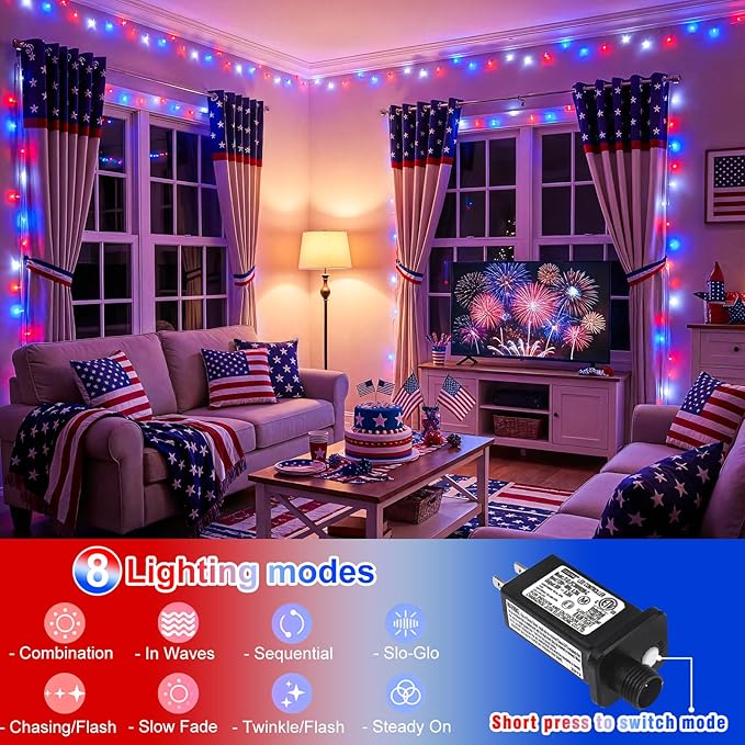 Red White and Blue String Lights, 66FT 200 LED 4th of July Lights Outdoor with 8 Modes, Waterproof Independence Decorations Lights for Indoor Memorial Day House Party Holiday