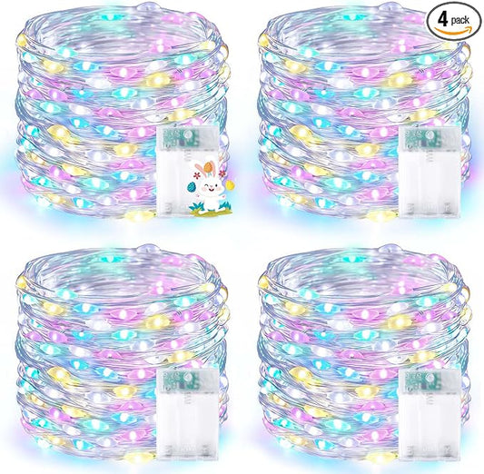 4 Pack 60 LED Fairy Lights Battery Operated with Timer, 20 FT Easter Lights | Cuttable Copper Wire, Waterproof Pastel Battery String Lights for Indoor Outdoor, Bedroom, DIY, Spring Easter Decorations