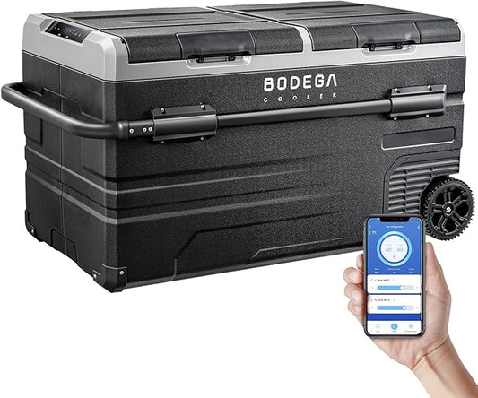 BODEGACOOLER 12 Volt Car Refrigerator, RV Car Fridge Dual Zone APP Control, Portable Freezer,121 Quart (115L) -4℉-68℉ RV Electric Compressor Cooler 12/24V DC &100-240V AC for Outdoor, Camping, Travel