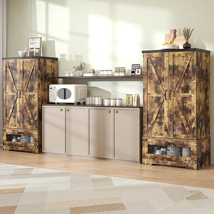 kepptory Farmhouse Pantry Cabinet with Barn Door & Adjustable Shelves, Freestanding Kitchen Storage Cabinet for Dining Room, Bathroom, Hallway (Brown)